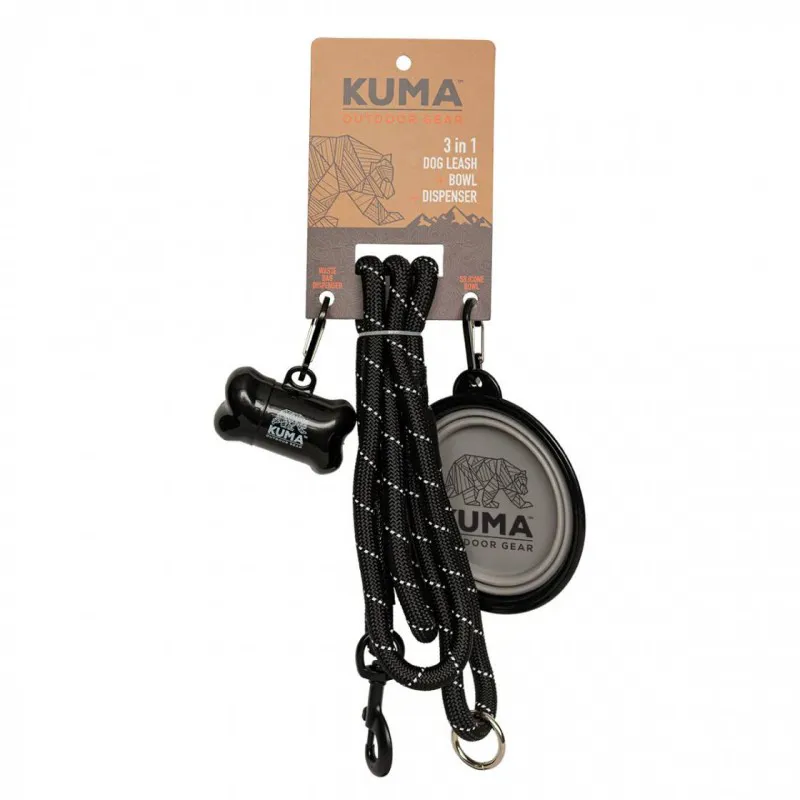 The 3-in-1 KUMA dog leash in black-gray allows for comfortable and functional walking. It includes a bag holder and a foldable silicone bowl, which are great for active dog owners. With this leash, you'll always be ready for exploration!